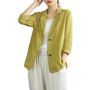 UIFLQXX Women's Linen Blouse Casual Long Sleeve Jacket Fitted Fall Jackets Women (Yellow, XXL)