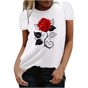 Amhomely Summer T-Shirts for Women - Women's Casual Rose Flower Print Crewneck Short Sleeve Tops Loose T Shirts Pullover Tops Clearance Plus Size Elegant Office Shirts UK Size S-5XL