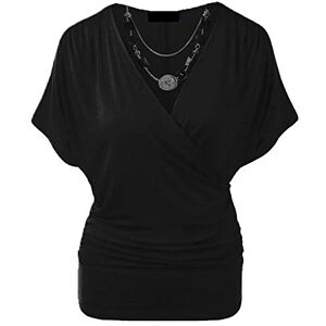 Candid Styles Womens Ladies Wrap Over Crossover V Neck Necklace Loose Tunic Batwing Top 8-22, XL 16-18 Plus Size, Black