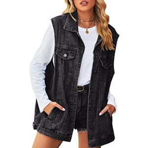 FEOYA Women's Oversized Denim Gilet Distressed Baggy Denim Waistcoat Button Down Sleeveless Jean Jacket Washed Loose Fit Lapel Vest Turn Down Collar with Pockets Cotton Casual Autumn Spring 06 Grey S