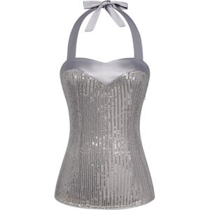 Belle Poque Women's Party Sleeveless Sequin Tops Glitter Halterneck Top, gray, Large