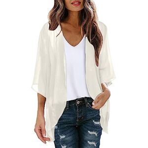 PAIDAXING Women's Chiffon Cardigan 3/4 Sleeve Summer Beach Cover Up Ladies Open Front Kimono Cardigan Shrug Lightweight Sheer Shawl Blouse Casual Beachwear Tops Beige