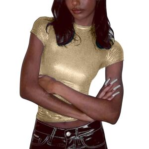 Late Deals Of The Day Angxiwan Shirts for Women UK Women's Solid Color Reflective Shiny Metallic Round Neck Short Sleeve Bodysuit T Shirt Cropped Tshirt Women Loose T Shirts for Women UK Gold