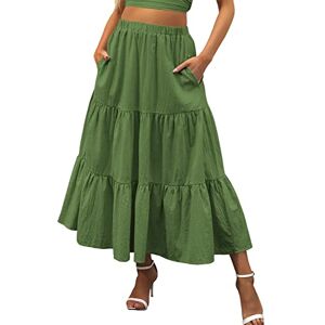 Generic Plus Size Skater Skirt Women S Summer Boho Elastic Waist Pleated A Line Flowy Swing Tiered Long Beach Skirt Dress with Pockets Army Green