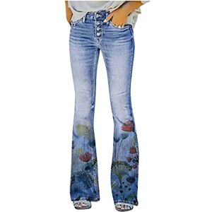 Jeans for Women UK Plus Size Flared Leg Demin Trousers Floral Print Pockets Buttons Casual Loose Retro Jean High Waish Work Jogger Pants Clearance