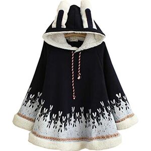 YM YOUMU Lady Girls Cloak Cape Coat Winter Fleece Ear Hooded Baggy Poncho Japanese Kawaii (Navy Blue, Length: 69cm/ 27.2'')