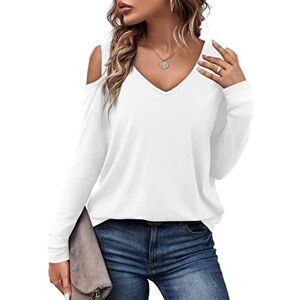 Florboom Ladies Shirt Off Shoulder Tshirt Loose Long Sleeve Basic V Neck T-Shirt, White Size 18 20