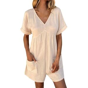 CAMPMINE Womens Rompers for Summer, Short Sleeve V Neck Short Jumpsuits with Pockets Casual Loose Stretchy Shorts Romper (Apricot,XL)