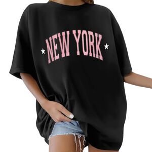 Summer Tops for Women UK Teenage Girls Y2k Short Sleeved Personalised T Shirt Oversized Crew Neck Blouse “New York” Printed Streetwear Aesthetic Clothes Casual Vintage Shirts Black