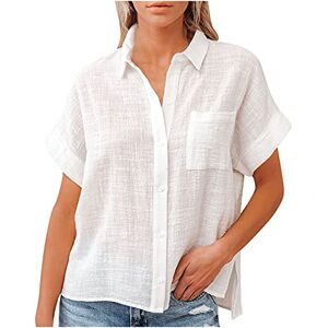 LUCKME Linen Shirt Women Button Down Oversized Shirts Short Sleeve Blouse Roll Up Cuffed Sleeve Casual Work Plain Linen Tops with Pockets UK