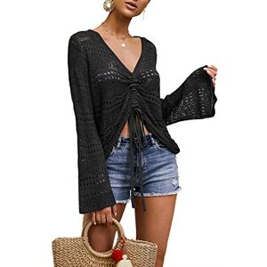 Saodimallsu Womens Boho Off Shoulder Sheer Crop Tops Bell Sleeve Flowy Oversized Crochet Ruched Jumpers Sweaters Black