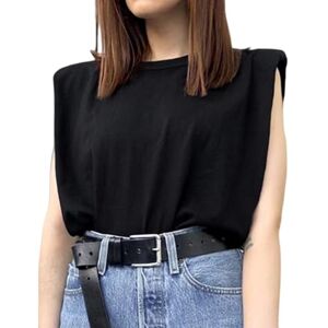 Gyios t shirt Shoulder Pad Women Tops T-shirts Cotton Solid Comfort Summer Women's Clothing White Black Short O-neck Sleeveless Top-black-xs