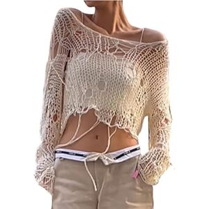 SMIMGO Women Hollow Out Crochet Knit Sweater Y2K Long Sleeve Crop Top Summer Loose Jumper Cover Up Pullover Streetwear Outfits (Color : J White, Size : S)