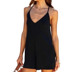 MeeQee Women Summer Casual Jumpsuit V Neck Sleeveless One Piece Romper Strap Loose Adjustable Stretchy Shorts with Pockets Black/S