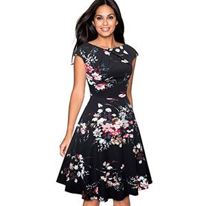 Homeilteds Vintage Brief Solid Color Elegant O-Neck Cap Sleeve A-Line Pinup Business Women Flare Swing Dress Comfortable (Color : Black flower, Size : M.)