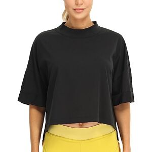 icyzone Women's Half Sleeve Cropped T-Shirt Oversized Workout Shirts Crewneck Casual Crop Tops (Black, S)