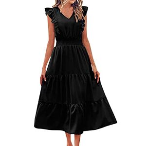 Generic Women's Ruffle Trim Sleeveless V-Neck Maxi Long Dress Elastic Waist Pleated Swing Aline Elegant Summer Beach Dresses Maxi Dresses Summer African Dresses, black, XL