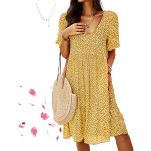 Amousd Women Floral Pockets Plus Size Midi Dress,Boho Floral Short Sleeve Dress Summer Baggy Casual Beach Swing Dress (Yellow,XL)