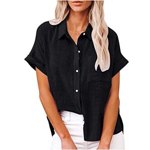 Womens Tops Shirt Plus Size Blouse Summer Casual Cotton Linen Short Sleeve T Shirt Loose Fit Button Down Lapel Solid Tees Oversize Tunic Elegant Tops for Ladies UK Size 22 Black