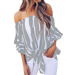 Kalorywee Women Tops KaloryWee Striped Off Shoulder Tops for Women Womens 3/4 Bell Sleeve Tops Ruffled Tie Front Shirts Blouse Bardot Boat Neck Cold Shoulder T-Shirt Tunic Top 16 Off The Shoulder Gray