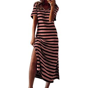 Summer Dress Women's Long Casual Fashion Striped Maxi Dresses Casual V-Neck Short Sleeve Casual Dress Ankle Length Side Split Party Dress Beach Dresses T-Shirt Dresses Casual Dresses, pink, XXL