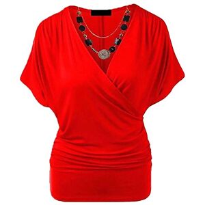 Candid Styles Womens Ladies Wrap Over Crossover V Neck Necklace Loose Tunic Batwing Top 8-22, M/L 12-14, Red