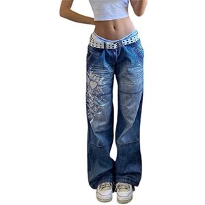 Geagodelia Women's Baggy Jeans Ladies Denim Jeggings Wide Leg Straight Trousers Pants Mom Jeans Y2K Aesthetic Clothes Streetwear Skims Dupes (A - Blue Low Waist, L)