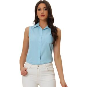 Allegra K Denim Button Down Shirt for Women's Sleeveless Lapel V Neck Chambray Tunic Top Light Blue M