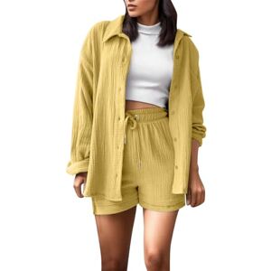 Generic Two-Piece Women's Summer Long Sleeve Blouse Shirt and Shorts Two Piece Sets Lightweight Breathable Leisure Suit Unusual T Shirt High Waist Shorts Beach Tunic Plain Aesthetic Shirt, Yellow-a, XS