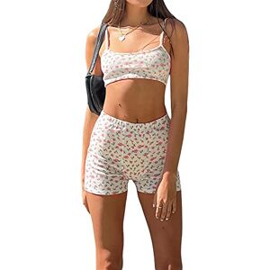 Bodysuit Snaked Cat Snaked cat Y2k Sleeveless One Piece Bodysuit V Neck Bodycon Floral Print Shorts Stretchy Pajama Onesie Rompers Jumpsuit (I-White, S)