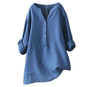 Qiuhhpuy Linen Blouse Women's Oversize Long Sleeve Loose Linen Blouse V-Neck Button Plain Blouses Shirt Summer Autumn Long Shirt Tops Tunic Long Tops, Blau, XXL