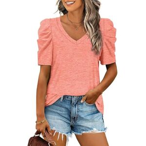 NSLFA T Shirt Womens Summer Shirt V Neck Casual Tshirts Puff Sleeve Tops For Women Solid Color-p-l