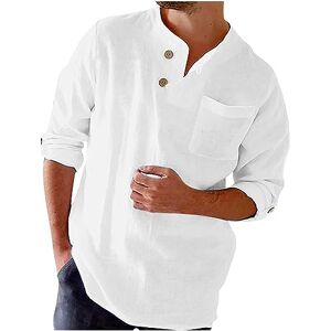 PRiME Mens Linen T Shirts UK Long Sleeve Casual Button Up Henley Shirts Cotton Summer Loose Fit Shirt Tops Solid Pullover Tops Comforty Breathable Shirts Office Business Blouses with Pocket