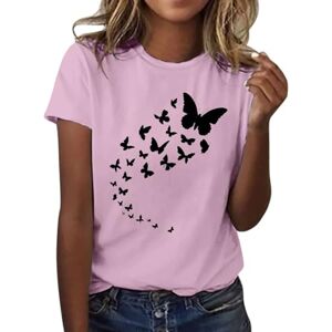 Amazon Warehouse Deals Uk Clearance Angxiwan Oversized T Shirts for Women Women's Butterfly Print Round Neck Short Sleeve T Shirt Top Ladies Summer Shirts Plus Size Summer Clothes Long Blouses for Women Pink