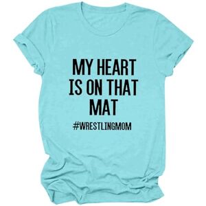 PRiME Angxiwan Shirts for Women UK Women's Casual Short Sleeved Round Neck My Heart is On That Mat Writslingmom Letter Printed Top T Shirt Bad Shirts for Stag Do Sky Blue