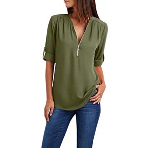 HAOLEI Chiffon Tops for Women UK Plus Size 22 Zipper V Neck Shirts Half Sleeve Longline T Shirt Long Length 2023 Summer Blouse Top Loose Fit Solid Color Tunic Tops Ladies Army Green