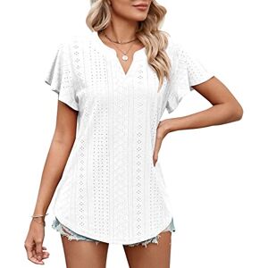 KOEMCY T Shirts for Women V Neck Ruffle Short Sleeve Blouse Tops Flowy Shirt Hollow Out Casual Loose T-Shirt Summer（White,S）