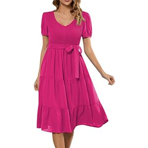 AMDOLE Maxi Dresses Women Summer Women's 2023 Summer Casual Flutter Short Sleeve V Neck Smocked Elastic Waist Tiered Midi Dress Long Sleeve Shirt Dress (Hot Pink, XL)