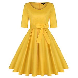 MINTLIMIT Women's 3/4 Sleeve Cocktail A-Line Sweetheart Party Fall Wedding Guest Dress，Yellow，L