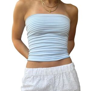 WangsCanis Summer Strapless Tube Top for Women Y2k Off Shoulder Bandeau Crop Top Aesthetic Backless Tank Tops (Striped Blue, L)