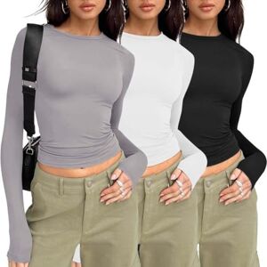 Asiyan Pack Of 3 Slim Fit Tops, Casual Round Neck Long Sleeve Shirt, Women's Basic T-shirt, Crop Top, Tee Shirt, Women's Long Sleeve Shirt, Round Neck Cropped Tee, Women's Casual Shirts Womens Casual ( Color