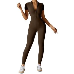 Litthing Women Yoga Jumpsuit Sports Romper Short Sleeve Unitard Stretchy Bodycon Playsuit Zip Up Workout Outfit Slim Fit One Piece Smooth Touch Bodysuit Fitness Sportswear Daily Wear