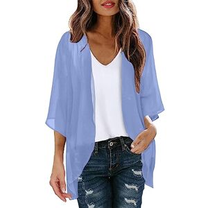 PAIDAXING Women's Chiffon Cardigan 3/4 Sleeve Summer Beach Cover Up Ladies Open Front Kimono Cardigan Shrug Lightweight Sheer Shawl Blouse Casual Beachwear Tops Blue