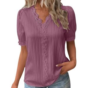 Generic Women's Lace Short Sleeve T-Shirt Tops Office Dressy Hollow Blouses Plain Pullover Tops Tees Shirts Office Pink