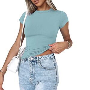 Geagodelia Womens Basic Crop Top Y2K Solid Color Short Sleeve Crew Neck Slim Fit Stretchy T-Shirt Ladies Tee Shirts Summer Gym Workout Going Out Tops for Teens (A 01-Lightblue, L)