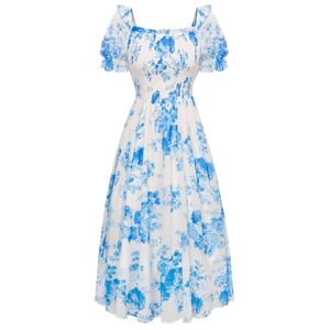 SCARLET DARKNESS Women UK Summer Beach Dress Chiffon Square Neck Smocked Corset Dress XL White+Blue Floral