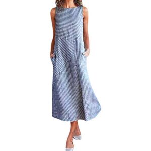 Summer Dresses for Women UK Sleeveless Crew Neck Sundress Striped Midi Dress Plus Size Bohemian Ladies Cotton Linen A Line Tunic Dress Summer Loose Beach Boho Swing Dress (Blue-b, S)