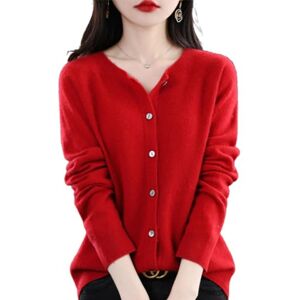 TeysHa Women's Cashmere Cardigan Sweater,Wool Crew Neck Button Down Long Sleeve Cardigan Sweater,Soft Warm Knit Elastic Jumpers (red,X-Large)