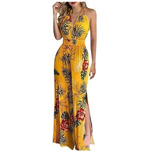 Janly Clearance Sale Women's Dungarees, Women Fashion Halter Backless Slit Leg Floral Print Jumpsuit for Summer Holiday