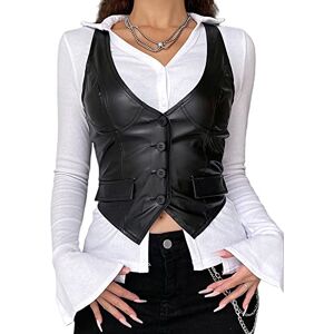 SANSIWU Women Vintage PU Leather Button Down Crop Blazer Vest 50s Halter V-Neck Sleeveless Waistcoat Y2K Casual Gothic Streetwear (A-Black1, S)